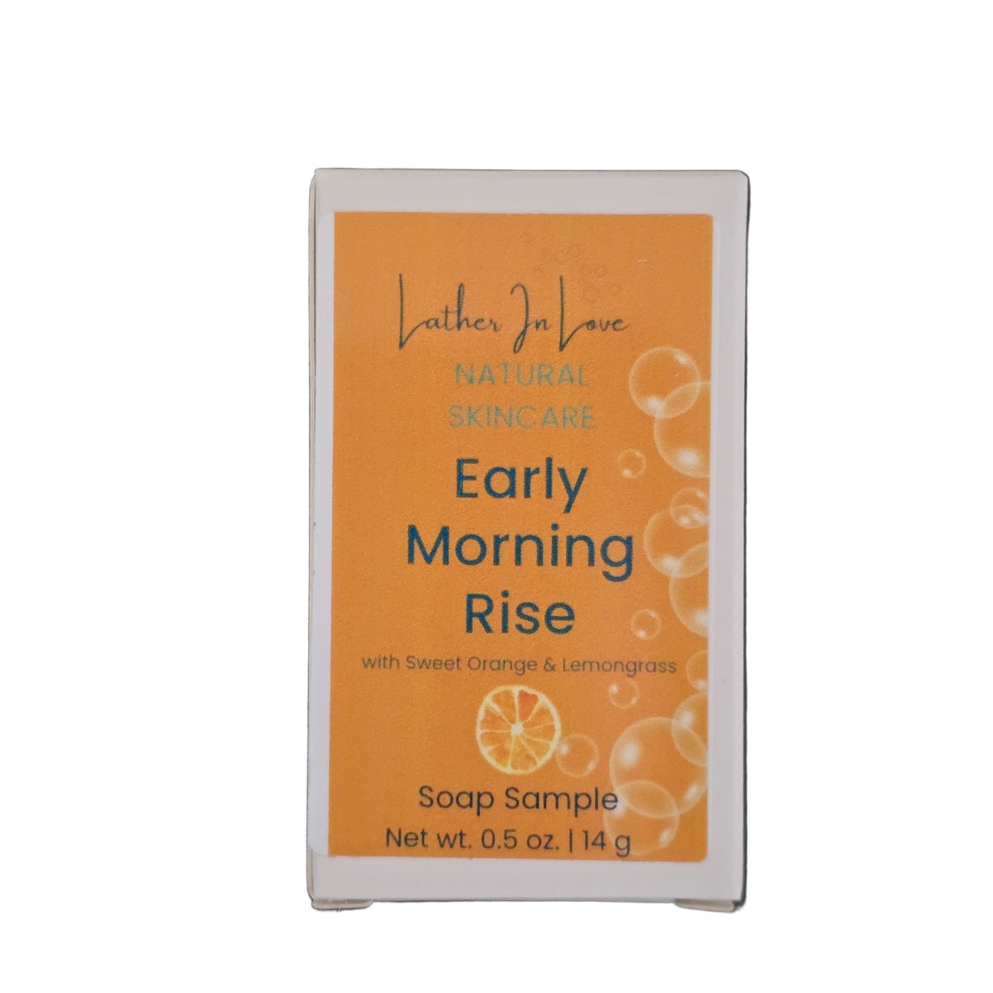 Soap sample packaging labeled 'Early Morning Rise' on a white background