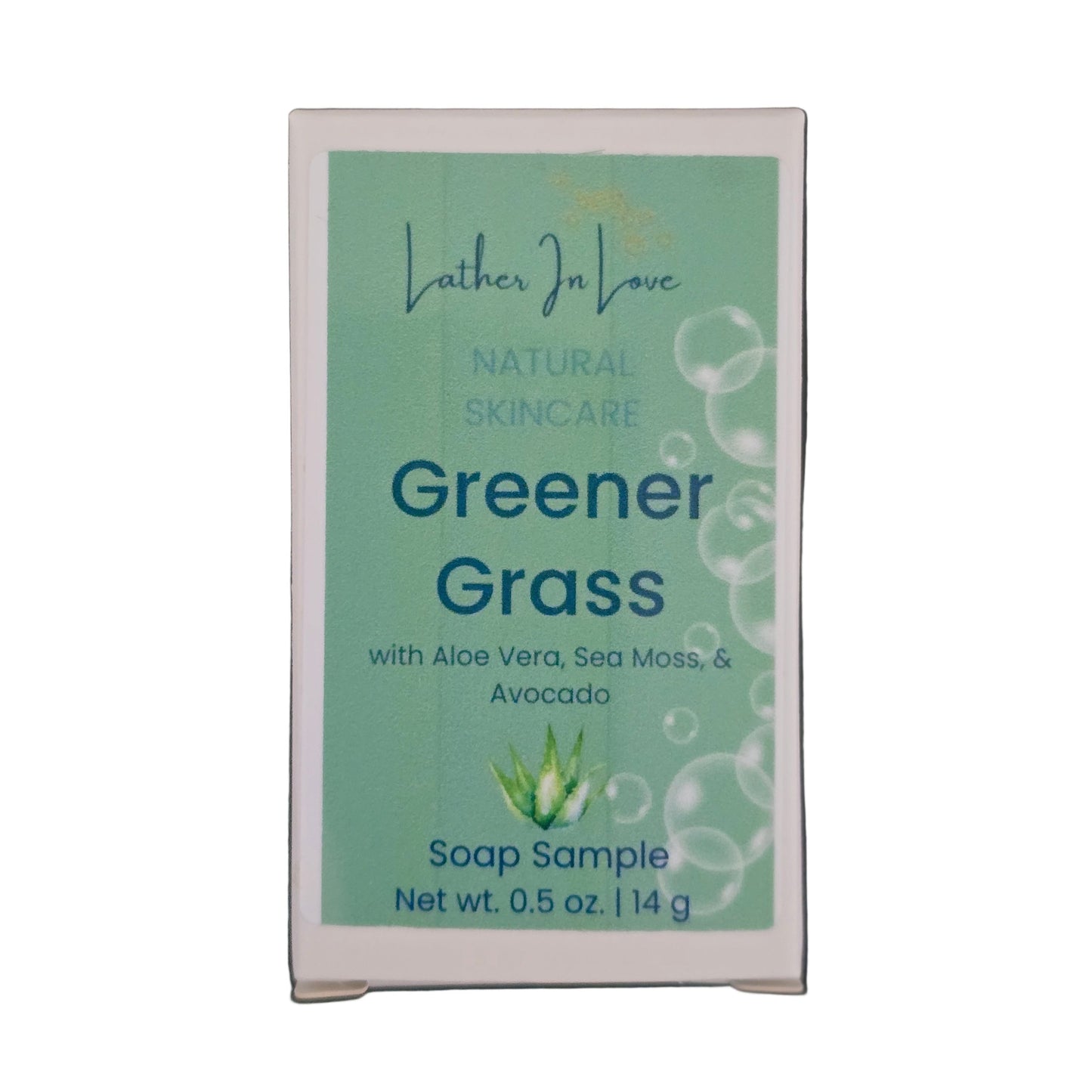Small box of 'Greener Grass' soap sample on a white background