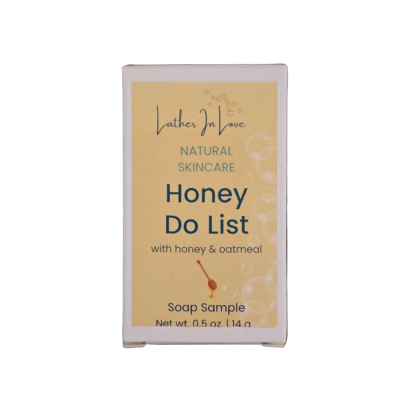Soap sample packaging with 'Lather & Love' branding on a white background