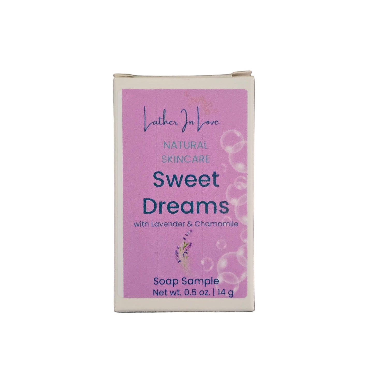 Small soap sample packaging labeled 'Sweet Dreams' on a white background