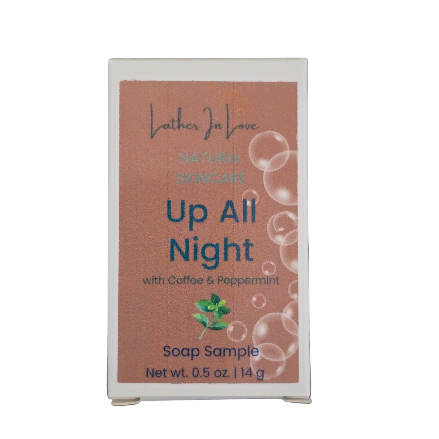 Soap sample packaging labeled 'Up All Night' on a white background
