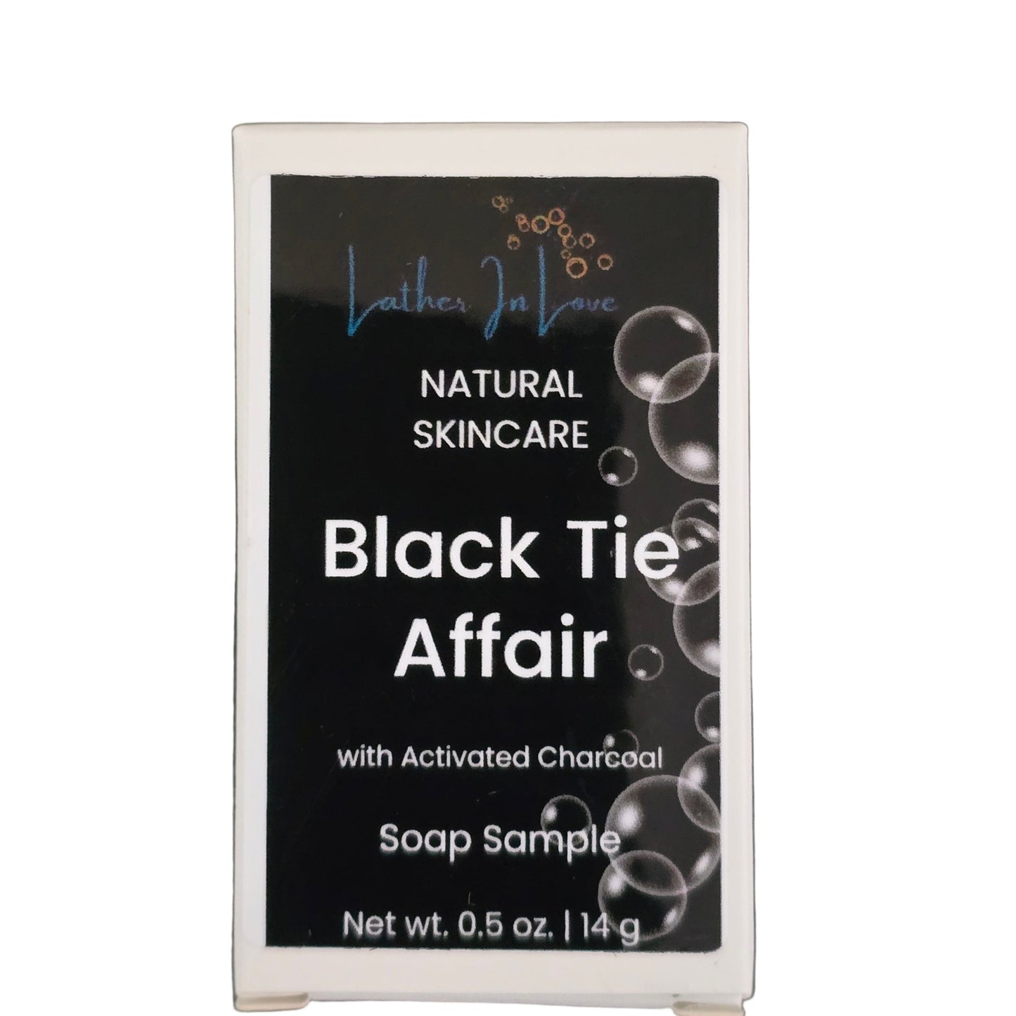 Black Tie Affair soap sample packaging on a white background