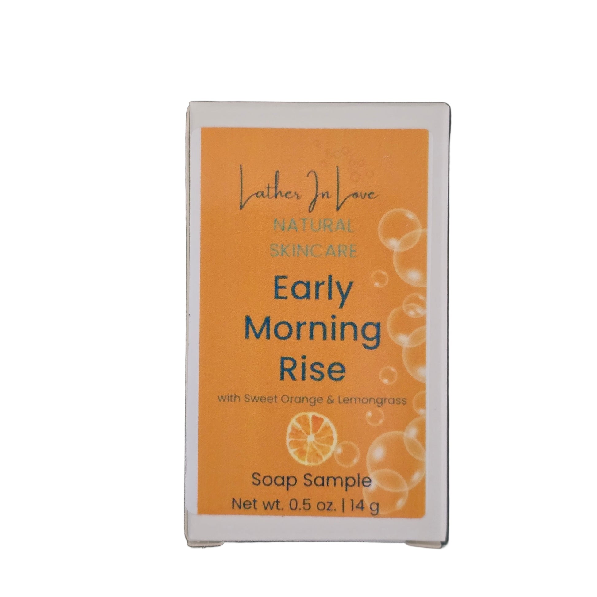 Soap sample packaging labeled 'Early Morning Rise' on a white background