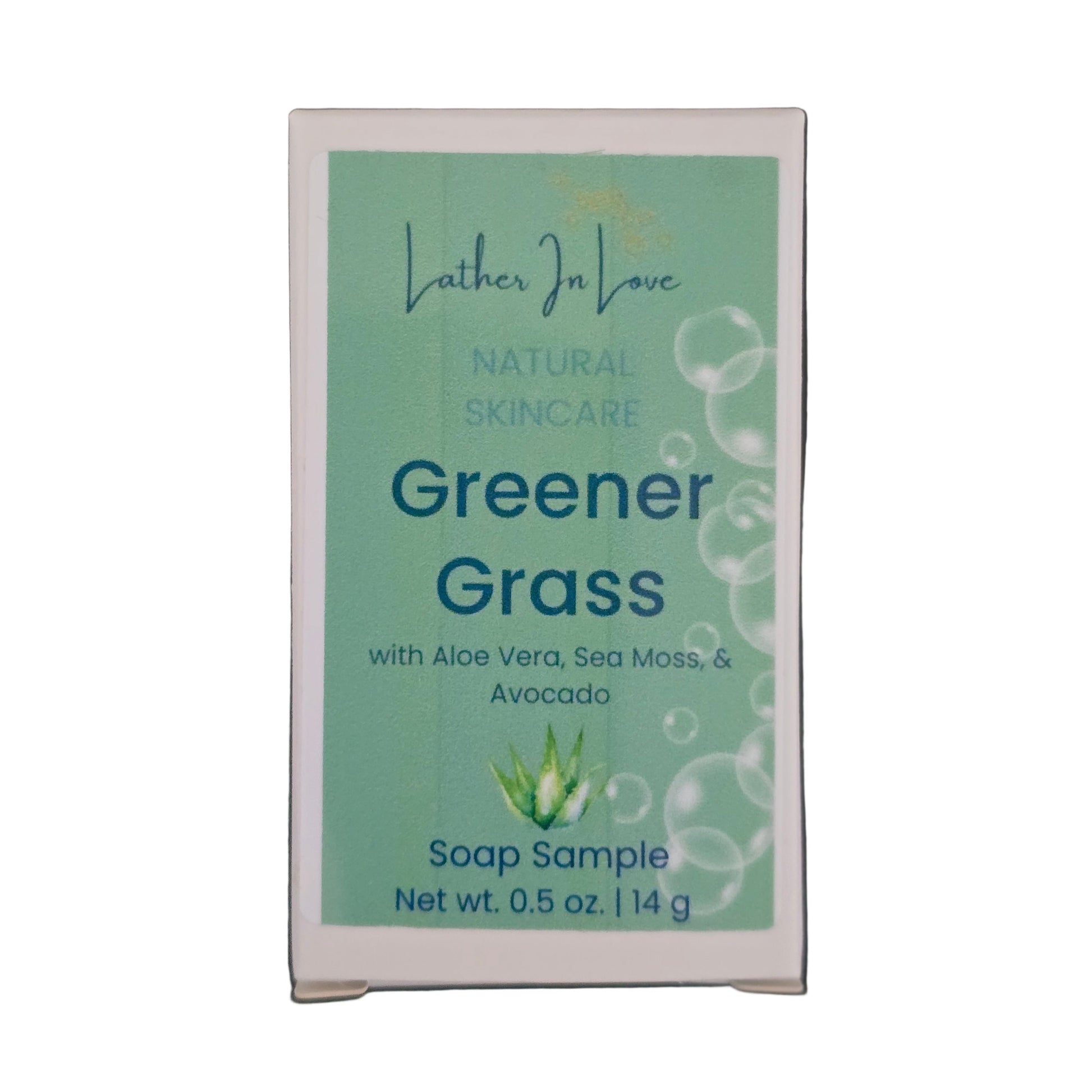 Small box of 'Greener Grass' soap sample on a white background