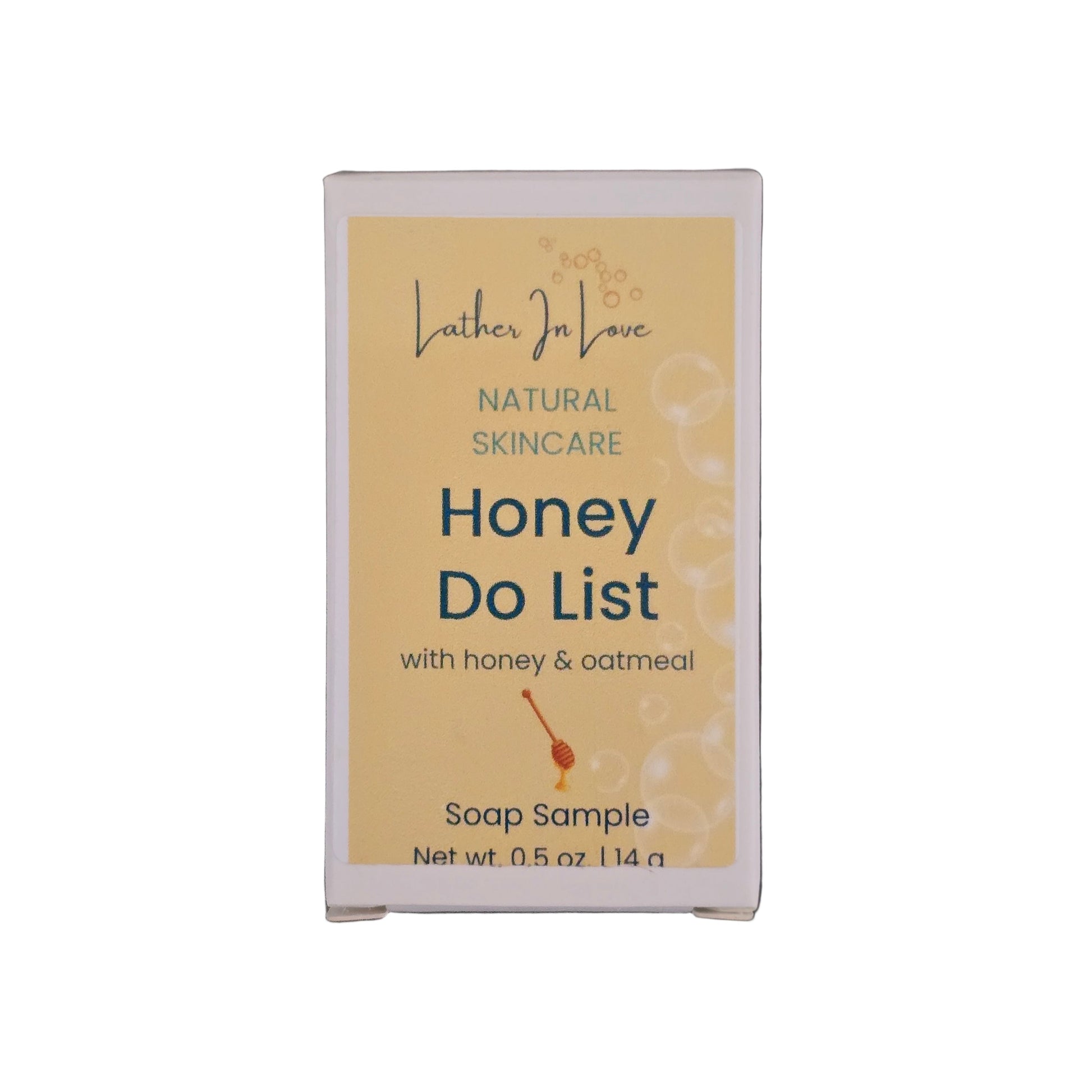 Soap sample packaging with 'Lather & Love' branding on a white background