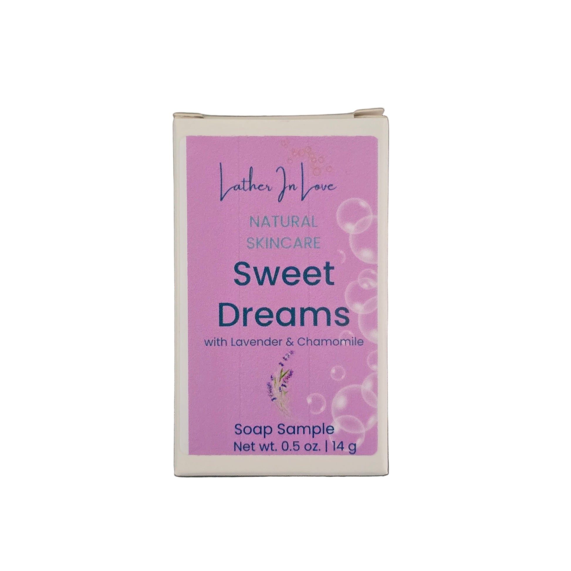 Small soap sample packaging labeled 'Sweet Dreams' on a white background